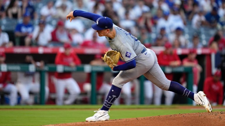 Los Angeles Dodgers starting pitcher Bobby Miller throws to the plate during the first inning of a baseball game against the Los Angeles Angels. (Mark J. Terrill/AP)