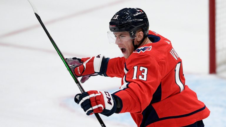 Washington Capitals left wing Jakub Vrana (13) celebrates his goal during the second period of an NHL hockey game against the Buffalo Sabres, Friday, Jan. 22, 2021, in Washington. (Nick Wass/AP) 