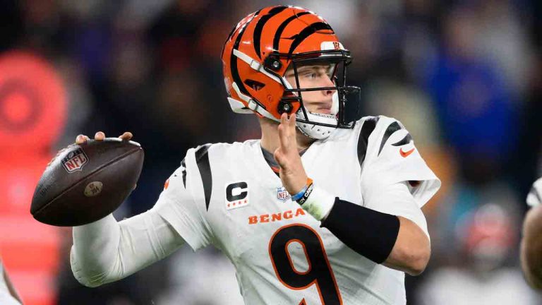 Cincinnati Bengals quarterback Joe Burrow (9) looks to pass in the first half of an NFL football game against the Baltimore Ravens in Baltimore, Thursday, Nov. 16, 2023. (Nick Wass/AP)