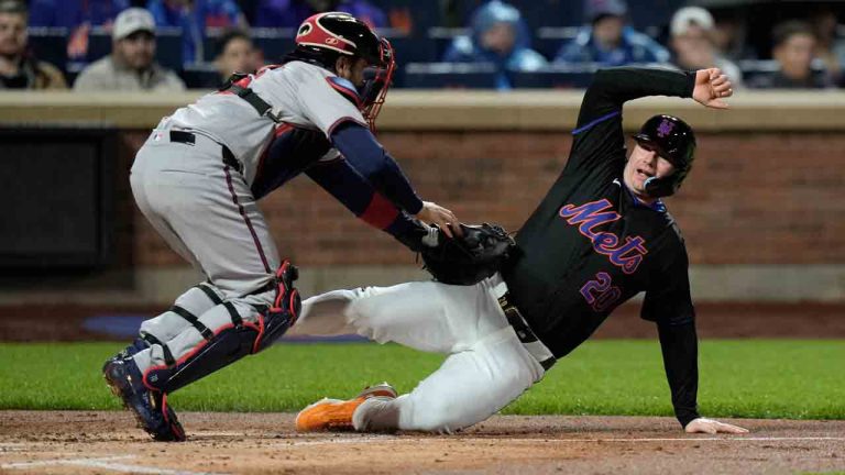 Atlanta Braves catcher Travis d'Arnaud tags out New York Mets' Pete Alonso at home plate during the second inning of a baseball game, Friday, May 10, 2024, in New York. (Frank Franklin II/AP)