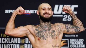 Charles Jourdain weighs in ahead of his UFC Featherweight bout in Toronto on January 19, 2024. (Cole Burston/CP)