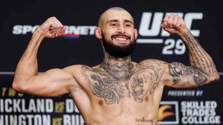 Charles Jourdain weighs in ahead of his UFC Featherweight bout in Toronto on January 19, 2024. (Cole Burston/CP)