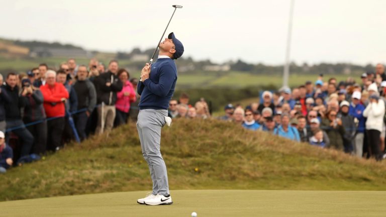 Northern Ireland's Rory McIlroy reacts on the green during day two of the Amgen Irish Open 2024 at Royal County Down in Newcastle, County Down, Ireland, Friday Sept. 13, 2024. (AP)