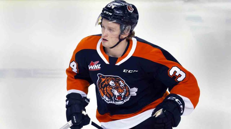 Medicine Hat Tigers player Andrew Basha during a WHL (Western Hockey League) hockey game against the Calgary Hitmen in Calgary, Alta., Sept. 22, 2023. (Larry MacDougal/CP)