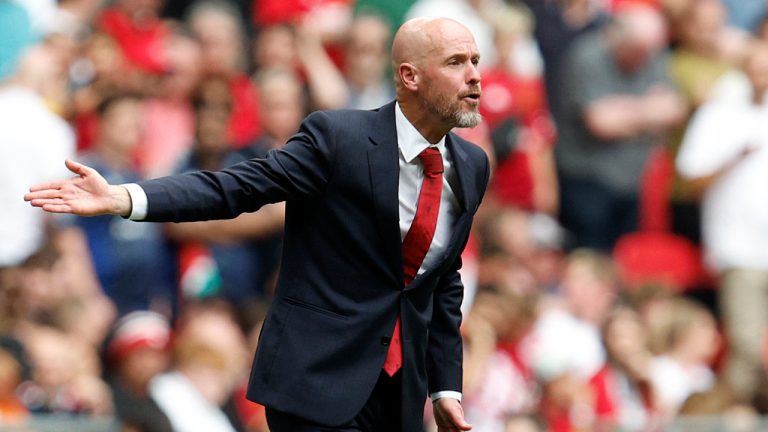 Manchester United's head coach Erik ten Hag gestures during the FA Community Shield soccer match between Manchester City and Manchester United at Wembley Stadium in London, Saturday, Aug. 10, 2024. (David Cliff/AP)