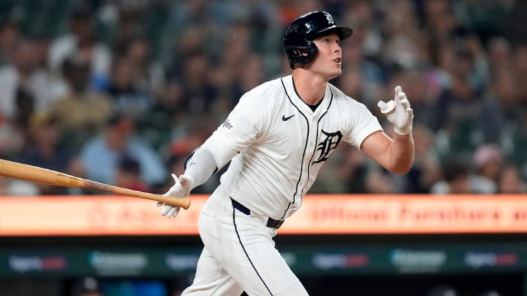 Detroit Tigers' Kerry Carpenter hits a two-run home run against the Seattle Mariners in the eighth inning of a baseball game, Wednesday, Aug. 14, 2024, in Detroit. (AP Photo/Paul Sancya) 