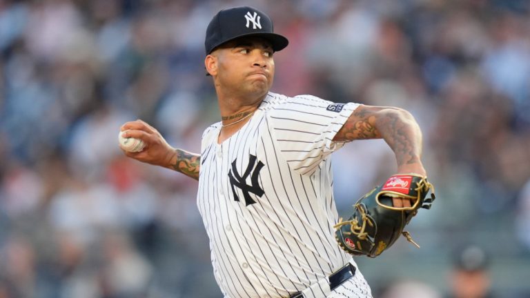 New York Yankees pitcher Luis Gil throws during the first inning of a baseball game against the Cleveland Guardians at Yankee Stadium Tuesday, Aug. 20, 2024, in New York. (AP Photo/Seth Wenig)
