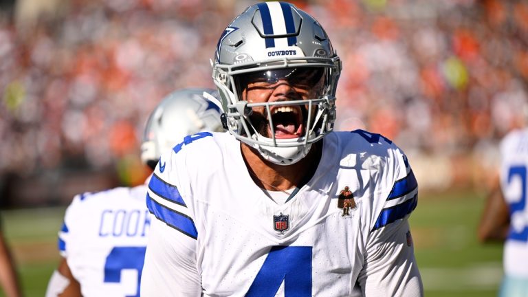 Dallas Cowboys quarterback Dak Prescott celebrates after throwing a touchdown pass against the Cleveland Browns in the first half of an NFL football game in Cleveland, Sunday, Sept. 8, 2024. (David Richard/AP)
