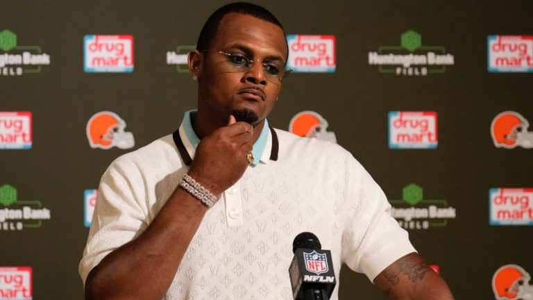 Cleveland Browns' Deshaun Watson responds to questions during a news conference after the team's NFL football game against the Dallas Cowboys in Cleveland, Sunday, Sept. 8, 2024. (Sue Ogrocki/AP)
