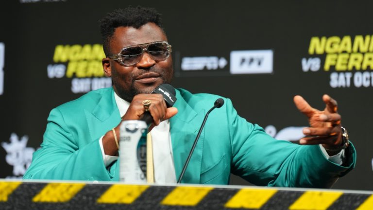 Former undisputed UFC heavyweight champion Francis Ngannou speaks at a PFL press conference. (PFL)