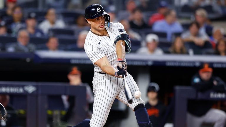 New York Yankees designated hitter Giancarlo Stanton hits a home run during the second inning of a baseball game against the Baltimore Orioles, Thursday, Sept. 26, 2024, in New York. (Noah K. Murray/AP)