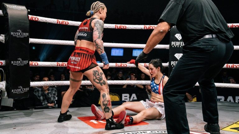 Quebec’s Jade (Evil Smile) Masson-Wong (left) is shown in action March 2, 2024, against Gabrielle Roman at the Bare Knuckle Fighting Championship’s “Fight Night Prospect Canada” card at the River Cree Resort & Casino in Enoch, Alta. THE CANADIAN PRESS/HO-Bare Knuckle Fighting Championship