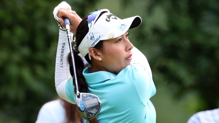 Jeeno Thitikul of Thailand tees off on the first during the final round of the FM Championship LPGA golf tournament, Sunday, Sept. 1, 2024, at TPC Boston in Norton, Mass. (Mark Stockwell/AP)