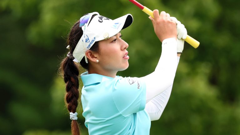 Jeeno Thitikul of Thailand tees off on the third during the final round of the FM Championship LPGA golf tournament, Sunday, Sept. 1, 2024, at TPC Boston in Norton, Mass. (Mark Stockwell/AP)