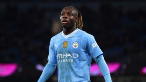 Manchester City's Jeremy Doku during the English Premier League soccer match between Manchester City and Brentford at Etihad stadium in Manchester, England, Tuesday, Feb. 20, 2024. (AP/Rui Vieira)