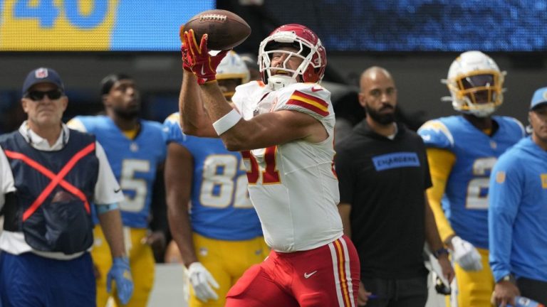 Kansas City Chiefs tight end Travis Kelce catches a pass during the first half of an NFL football game against the Los Angeles Chargers Sunday, Sept. 29, 2024, in Inglewood, Calif. (Ashley Landis/AP Photo)