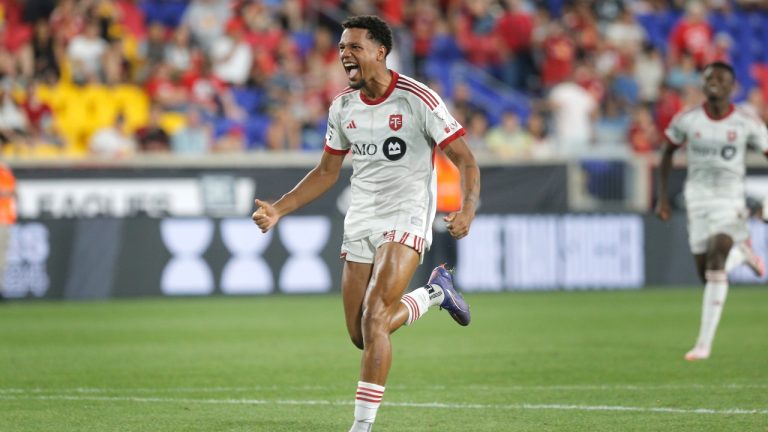 Toronto FC Kosi Thompson celebrates after his team's victory over the New York Red Bulls during a Leagues Cup soccer match at Red Bull Arena, Saturday, July 27, 2024, in Harrison, N.J. (AP/Andres Kudacki)