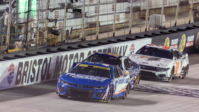 Kyle Larson (5) leads Justin Haley (51) and Todd Gilliland (38) during a NASCAR Cup Series auto race, Saturday, Sept. 21, 2024, in Bristol, Tenn. (Wade Payne/AP)