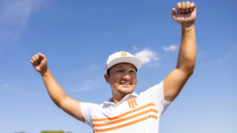 Jinichiro Kozuma of Iron Heads GC celebrates after the quarterfinals of LIV Golf Team Championship Dallas at Maridoe Golf Club on Friday, September 20, 2024 in Carrollton, Texas. (Photo by Chris Trotman/LIV Golf via AP)