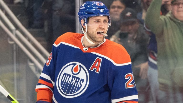 Edmonton Oilers' Leon Draisaitl (29) celebrates a goal against the Minnesota Wild during second period NHL action in Edmonton on Friday December 8, 2023. (Jason Franson/CP)