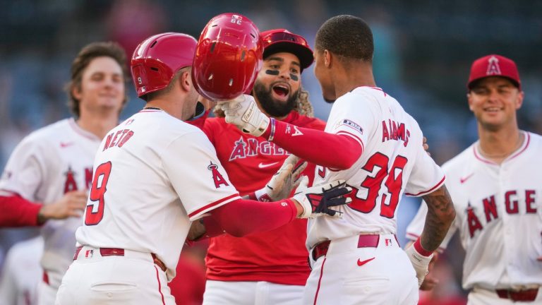 Los Angeles Angels' Jordyn Adams (39) celebrates after a walk-off single during the thirteenth inning to win 4-3 over the Chicago White Sox in a baseball game in Anaheim, Calif., Wednesday, Sept. 18, 2024. (AP/Ashley Landis)