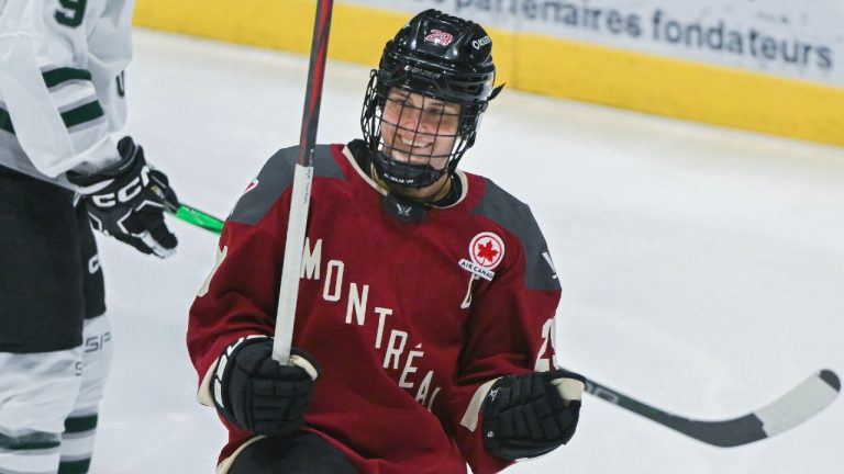 Montreal's Marie-Philip Poulin (29) reacts after scoring against Boston during first period PWHL hockey action in Montreal, Saturday, March 2, 2024. (Graham Hughes/CP)