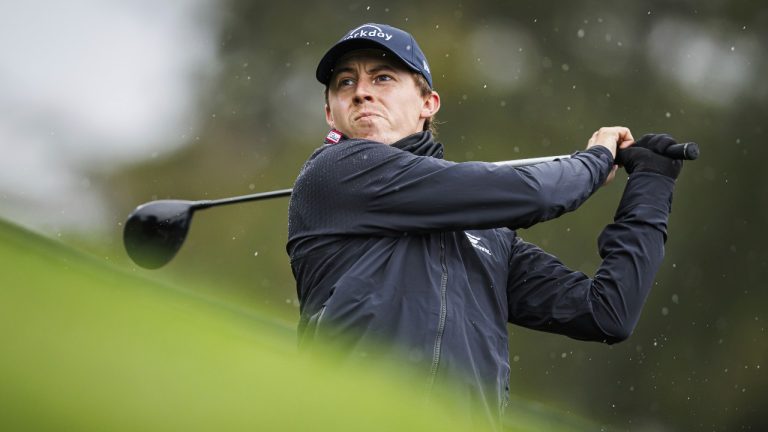 Matt Fitzpatrick from England watches his tee shot during the first round of the European Masters Golf Tournament, in Crans-Montana, Switzerland, Thursday, Sept. 5, 2024. (Valentin Flauraud/Keystone via AP)