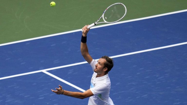 Daniil Medvedev, of Russia, serves during a match against Nuno Borges, of Portugal, in the fourth round of the U.S. Open tennis championships, Monday, Sept. 2, 2024, in New York. (Kirsty Wigglesworth/AP Photo)