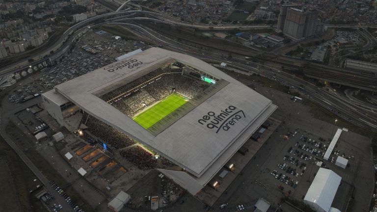 Corinthians face Flamengo in a Brazilian soccer league match in the Neo Quimica arena, which is set to host an NFL football game the week after, in Sao Paulo, Brazil, Sunday, Sept. 1, 2024. (AP Photo/Andre Penner)