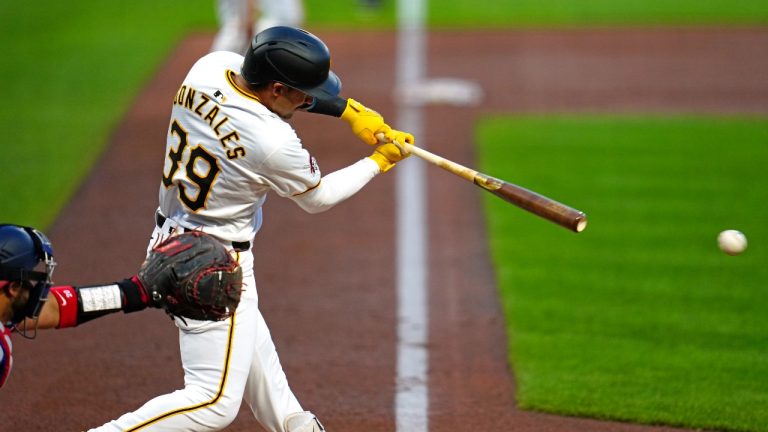 Pittsburgh Pirates' Nick Gonzales singles off Washington Nationals starting pitcher Jake Irvin, driving in two runs, during the second inning of a baseball game in Pittsburgh, Thursday, Sept. 5, 2024. (AP/Gene J. Puskar)