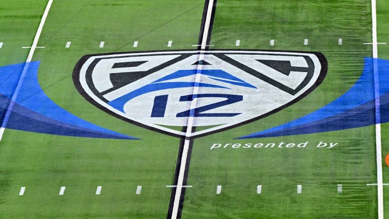 The logo of the Pac 12 is seen on the field before the Pac-12 championship NCAA college football game between Washington and Oregon Friday, Dec. 1, 2023, in Las Vegas. (David Becker/AP)