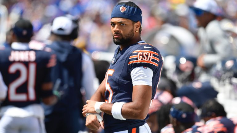 Chicago Bears wide receiver Rome Odunze watches during the first half of a preseason NFL football game against the Buffalo Bills, Saturday, Aug. 10, 2024, in Orchard Park, NY. (Adrian Kraus/AP)