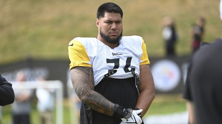 FILE - Pittsburgh Steelers offensive tackle Troy Fautanu looks on during the NFL football team's training camp. (AP Photo/Phil Pavely, File)