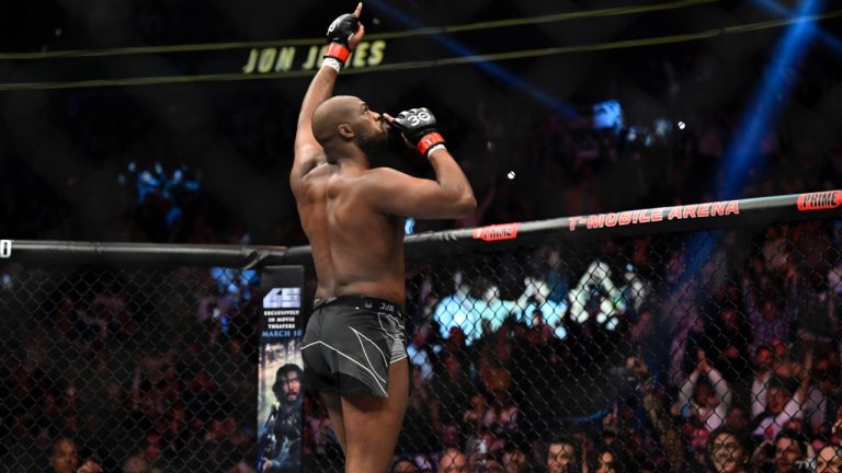 Jon Jones reacts after his victory over Ciryl Gane at UFC 285. (David Becker/AP)