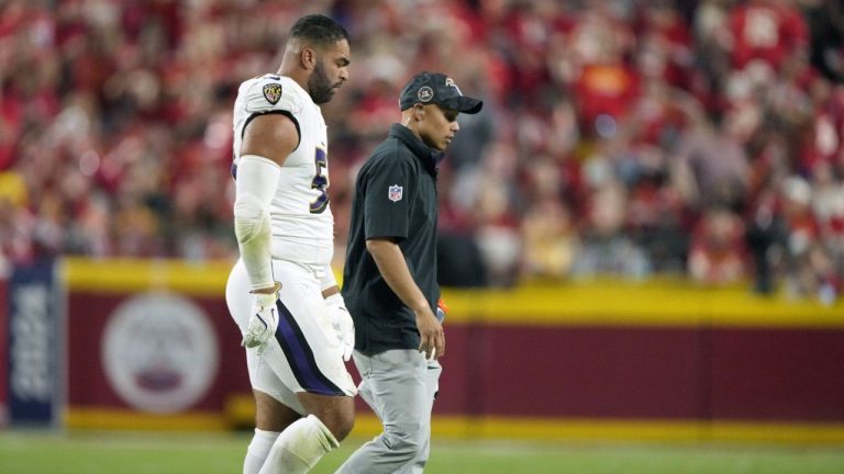 Baltimore Ravens outside linebacker Kyle Van Noy walks off the field after being injured during the second half of an NFL football game against the Kansas City Chiefs Thursday, Sept. 5, 2024, in Kansas City, Mo. (Charlie Riedel/AP Photo)
