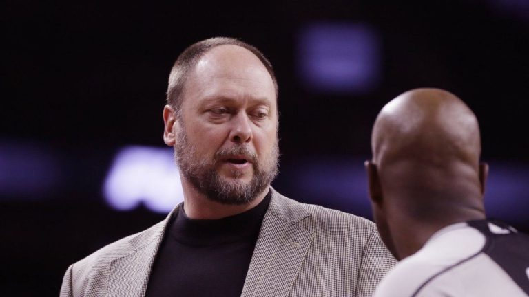 Brooklyn Nets assistant coach Joe Wolf talks with a referee during the second half of an NBA basketball game against the Detroit Pistons, Saturday, Jan. 9, 2016 in Auburn Hills, Mich. (Carlos Osorio/AP Photo)