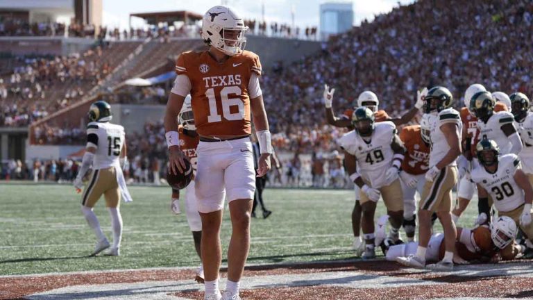 Texas quarterback Arch Manning (16) celebrates after scoring a touchdown against Colorado State during the second half of an NCAA college football game. (Eric Gay/AP)