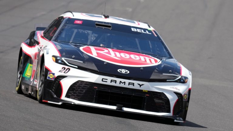Christopher Bell drives into a turn during a practice session for the NASCAR Cup Series auto race at Indianapolis Motor Speedway, Friday, July 19, 2024, in Indianapolis. (Darron Cummings/AP)