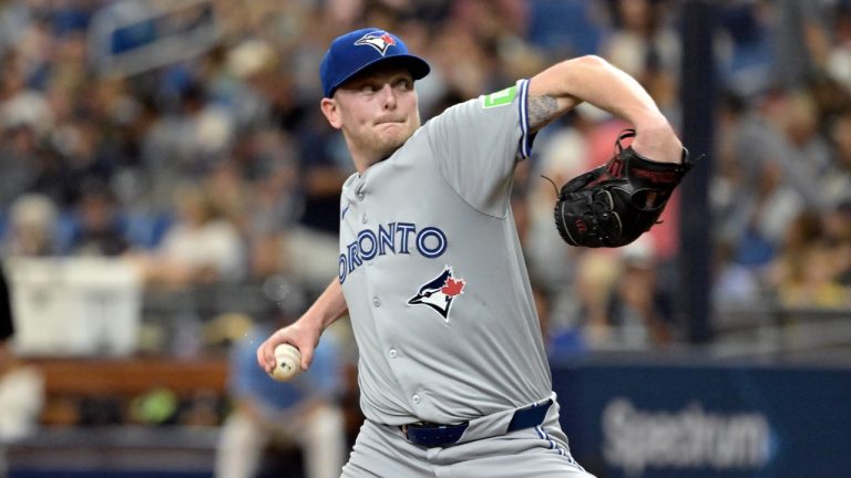 Toronto Blue Jays starter Ryan Burr pitches against the Tampa Bay Rays during the first inning of a baseball game Sunday, Sept. 22, 2024, in St. Petersburg, Fla. (Steve Nesius/AP)