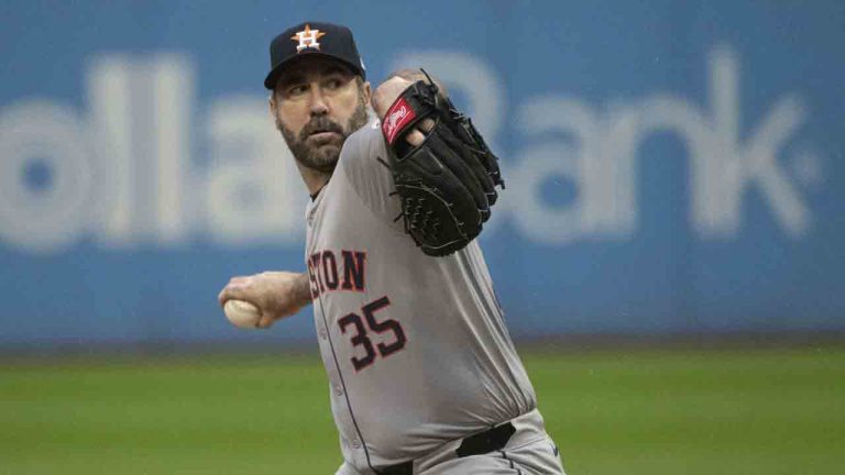 Houston Astros starting pitcher Justin Verlander delivers against the Cleveland Guardians during the first inning of a baseball game in Cleveland, Saturday, Sept. 28, 2024. (Phil Long/AP)