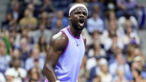 Frances Tiafoe, of the United States, celebrates after winning a point against Grigor Dimitrov, of Bulgaria, during the quarterfinals of the U.S. Open tennis championships, Tuesday, Sept. 3, 2024, in New York. (Eduardo Munoz Alvarez/AP)