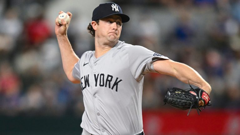 New York Yankees starting pitcher Gerrit Cole throws to the Texas Rangers in the first inning of a baseball game, Monday, Sept. 2, 2024, in Arlington, Texas. (Albert Pena/AP)