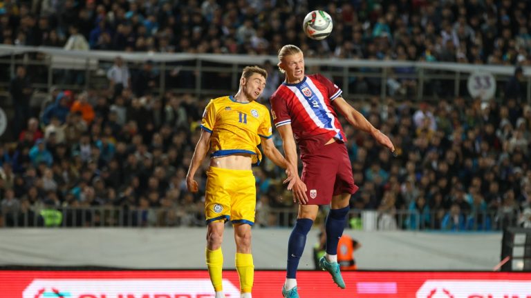 Kazakhstan's Yan Vorogovskiy, left, fights for the ball with Norway's Erling Haaland, right, during the UEFA Nations League soccer match between Kazakhstan and Norway at Ortalyk Stadium in Almaty, Kazakhstan, Friday, Sept. 6, 2024. (Alikhan Sariyev/AP)