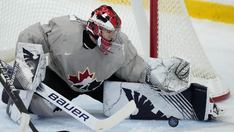 Canada goalie Samuel St-Hilaire makes a save against the U Sports all-stars during first period Canadian World Juniors selection camp hockey action in Oakville, Ont., on Wednesday, December 13, 2023. (Nathan Denette/THE CANADIAN PRESS)