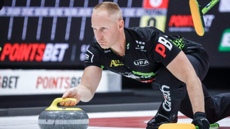 Team Jacobs skip Brad Jacobs delivers a stone during curling action against Team Horgan at the PointsBet Invitational in Calgary on Thursday, Sept. 26, 2024. (Jeff McIntosh/CP)