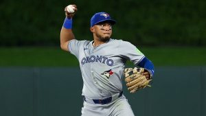Toronto Blue Jays shortstop Leo Jiménez throws to first base to put out Minnesota Twins' Max Kepler during the seventh inning of a baseball game, Saturday, Aug. 31, 2024, in Minneapolis. (Matt Krohn/AP)
