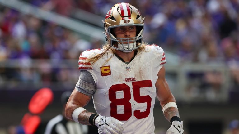 San Francisco 49ers tight end George Kittle (85) moves toward the sidelines during the second half of an NFL football game. (Stacy Bengs/AP)