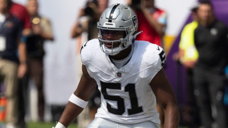 Las Vegas Raiders defensive end Malcolm Koonce during an NFL preseason football game against the Minnesota Vikings, Saturday, Aug. 10, 2024, in Minneapolis. The Vikings won 24-23. (Andy Clayton-King/AP)