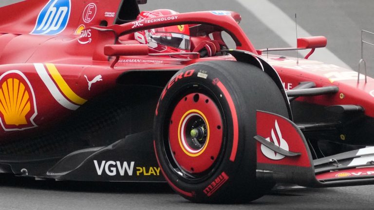 Ferrari driver Charles Leclerc of Monaco in action during a Formula One Grand Prix practice in Baku, Azerbaijan, on Saturday, Sept. 14, 2024. (Sergei Grits/AP)