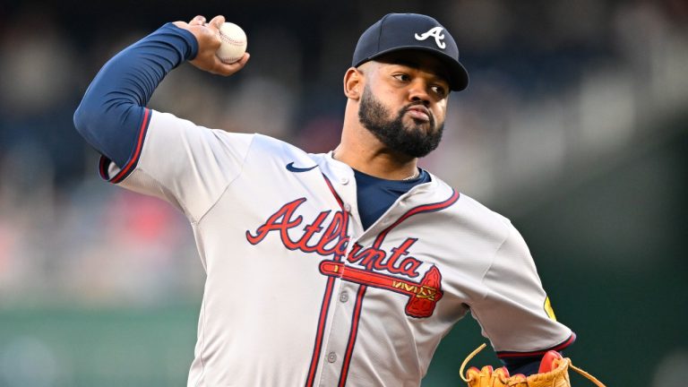 Atlanta Braves starting pitcher Reynaldo Lopez throws during the first inning of a baseball game against the Washington Nationals, Tuesday, Sept. 10, 2024, in Washington. (John McDonnell/AP Photo)